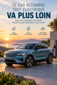 Un Volvo C40 Recharge garé au bord d'une route avec paysage naturel en arrière-plan.