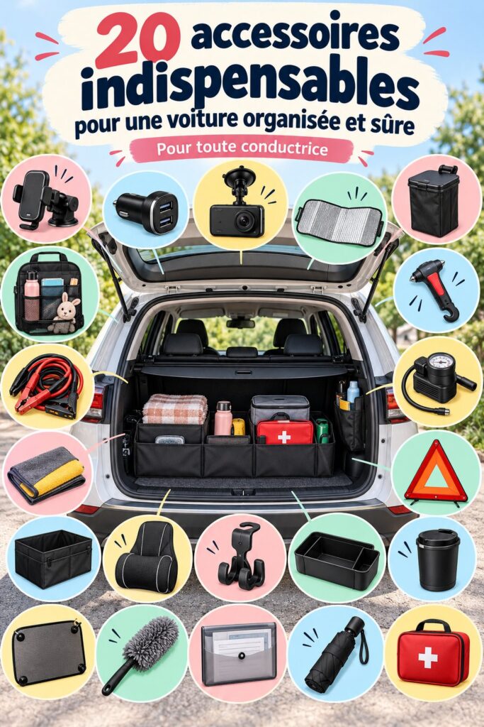 Femme utilisant des accessoires pratiques dans sa voiture pour une conduite organisée