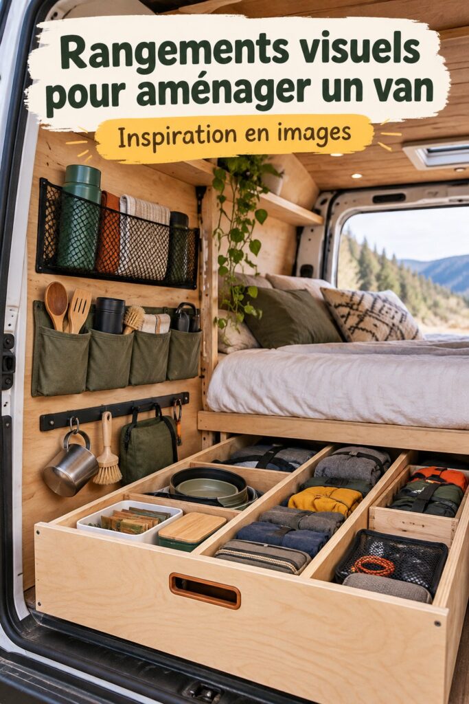Aménagement intérieur d'un van avec des rangements visuels pratiques