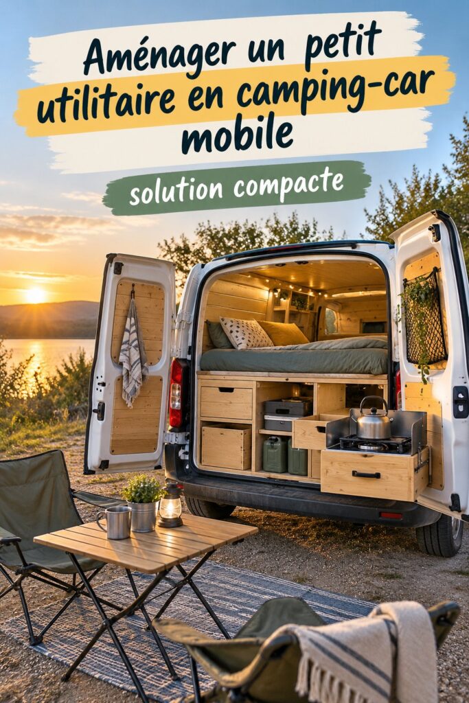 Petit utilitaire aménagé en camping-car avec espace de couchage et rangement