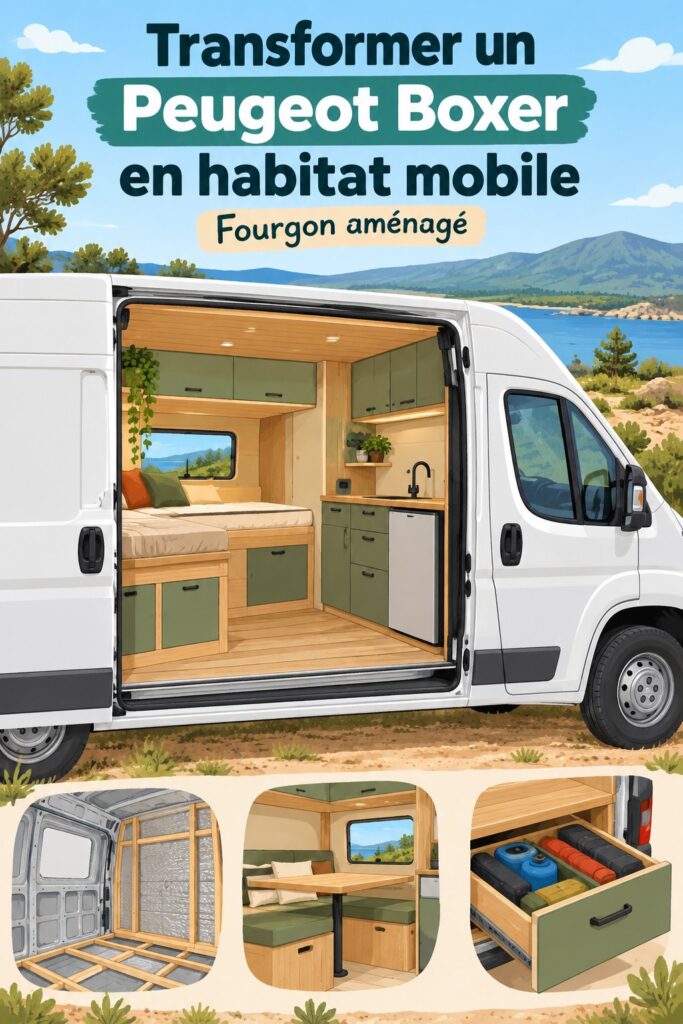 Peugeot Boxer aménagé en habitat mobile avec un intérieur chaleureux et pratique