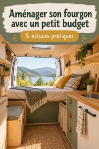 Un van aménagé avec un intérieur chaleureux et fonctionnel, prêt pour l'aventure.