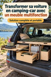 Un intérieur de voiture aménagé pour le camping avec un matelas et des coussins.