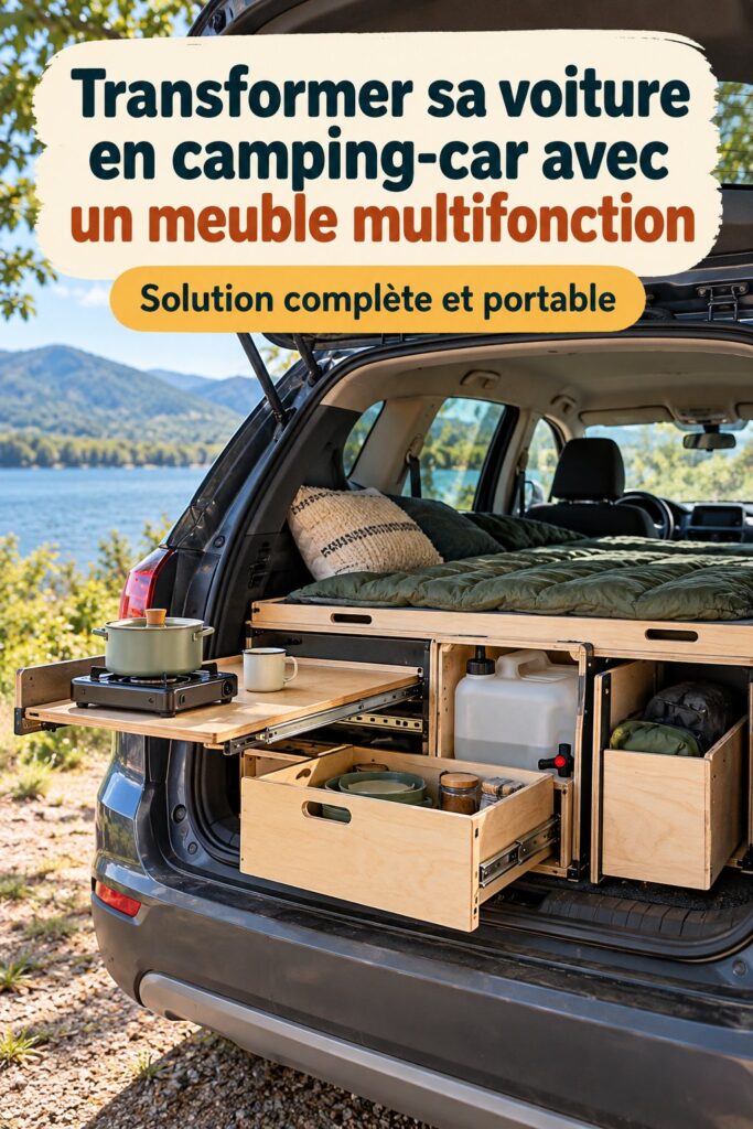 Un intérieur de voiture aménagé pour le camping avec un matelas et des coussins.