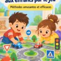 Un enfant jouant à un jeu éducatif sur la sécurité routière avec des panneaux de signalisation.