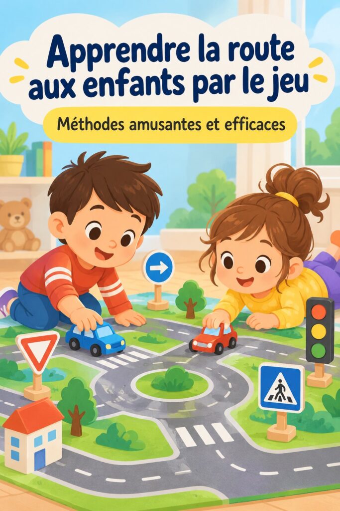 Un enfant jouant à un jeu éducatif sur la sécurité routière avec des panneaux de signalisation.