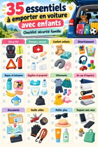 Checklist pour un road trip en famille avec des enfants, mettant en avant les éléments essentiels à prendre.