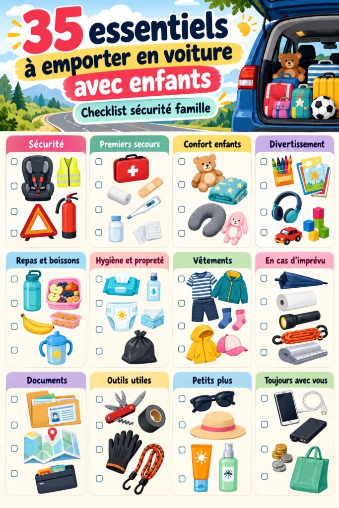 Checklist pour un road trip en famille avec des enfants, mettant en avant les éléments essentiels à prendre.