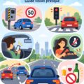 Infographie colorée illustrant les infractions routières courantes en France.