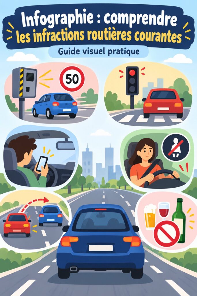 Infographie colorée illustrant les infractions routières courantes en France.