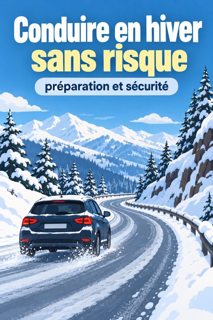 Un véhicule prêt pour l'hiver sur une route enneigée, illustrant les conseils de conduite hivernale.
