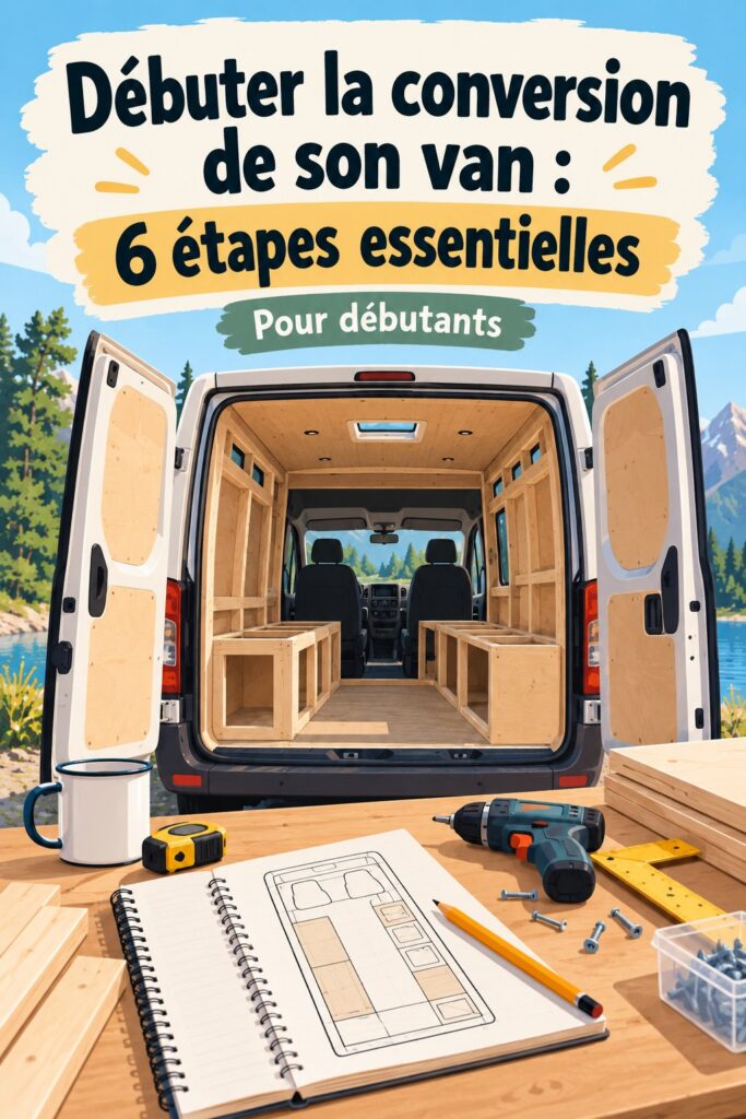 Un van en cours de conversion avec des matériaux d'aménagement à l'intérieur