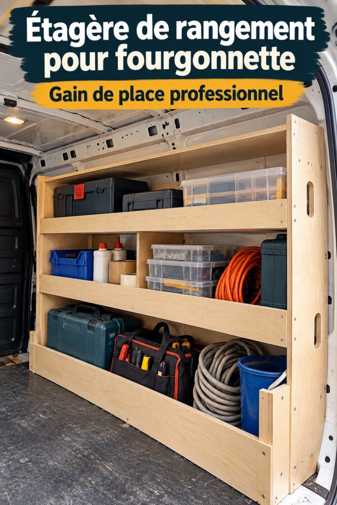 Une étagère à outils bien organisée dans un fourgon professionnel.