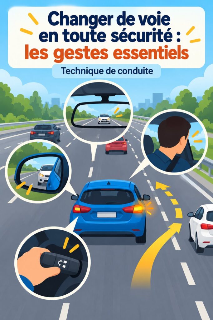 Femme au volant qui change de voie en toute sécurité.