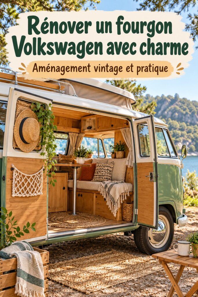 Un Van VW rénové avec des couleurs chaleureuses et un intérieur cosy.