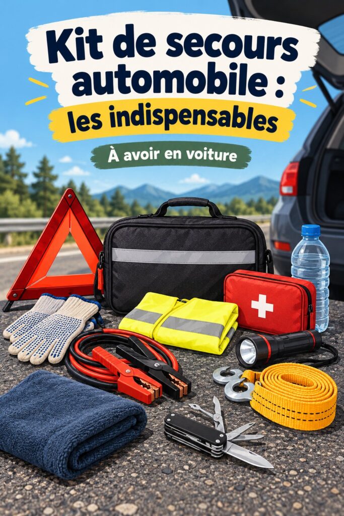 Un kit d'urgence automobile bien organisé incluant des outils, des trousses de premiers secours et des accessoires de sécurité.