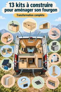 Un Ford Transit aménagé avec un kit DIY, prêt pour l'aventure.