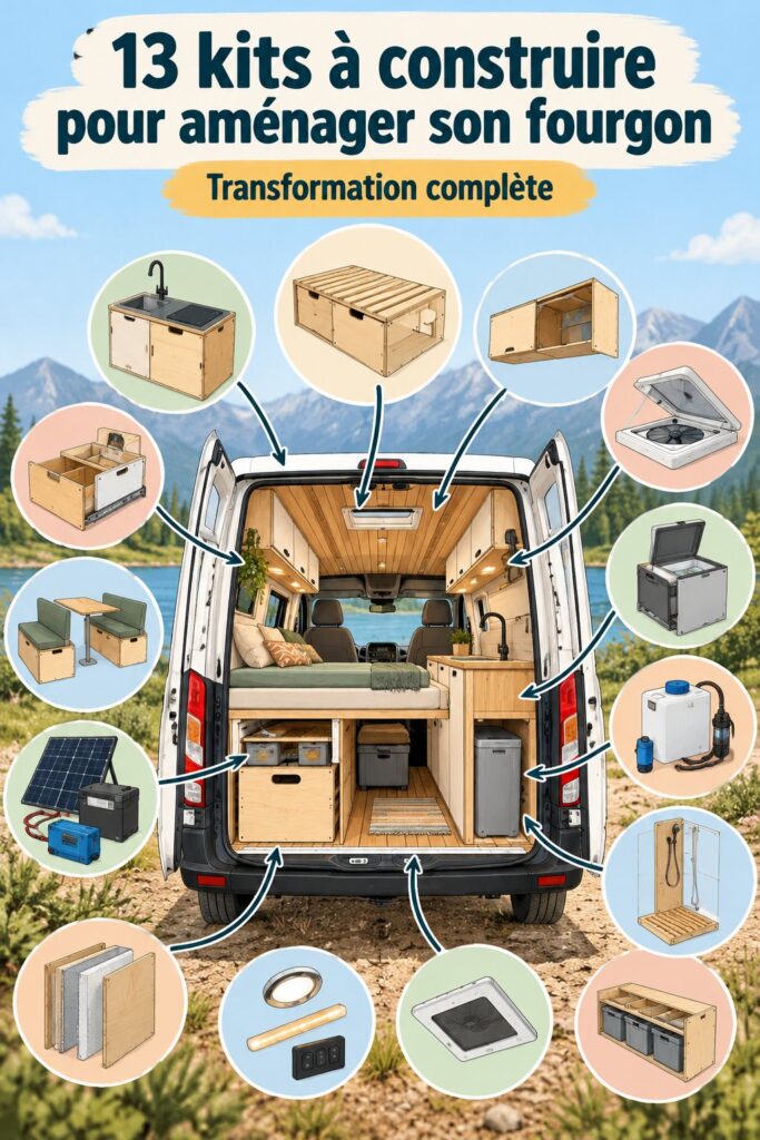 Un Ford Transit aménagé avec un kit DIY, prêt pour l'aventure.