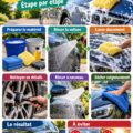 Une femme lavant sa voiture à la main, utilisant des outils appropriés pour ne pas l'abîmer.