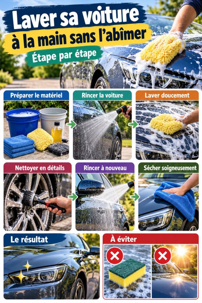 Une femme lavant sa voiture à la main, utilisant des outils appropriés pour ne pas l'abîmer.