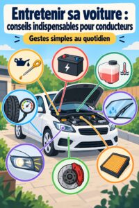 Femme vérifiant l'entretien de sa voiture dans un garage, symbole de soins automobiles.
