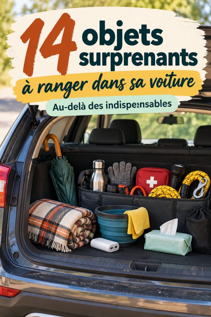 Une voiture bien rangée avec des objets pratiques et surprenants.