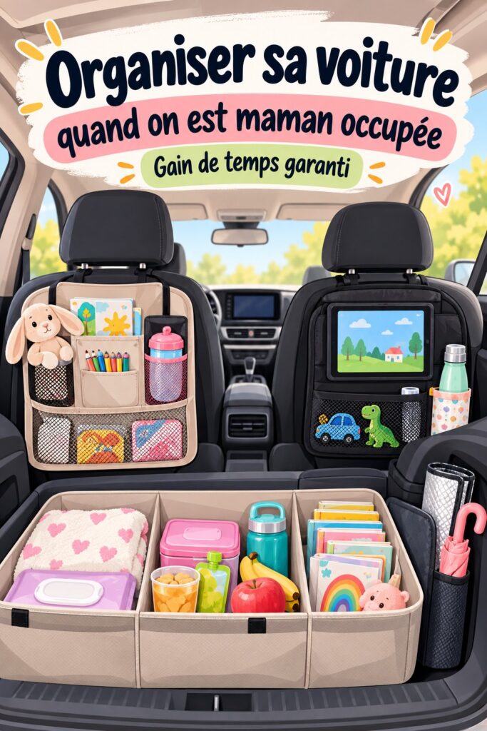 Intérieur d'une voiture bien organisée avec des accessoires pratiques pour maman.