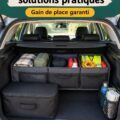 Coffre de voiture bien organisé avec des compartiments pratiques et des accessoires de rangement.