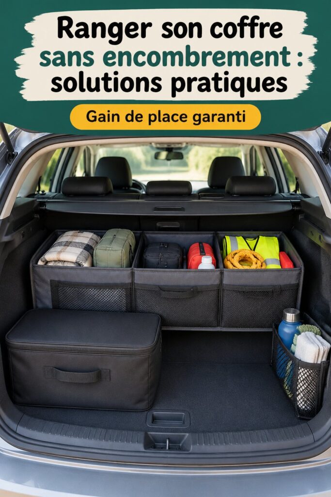 Coffre de voiture bien organisé avec des compartiments pratiques et des accessoires de rangement.