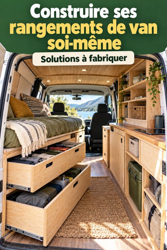 Rangements pratiques en bois dans un van aménagé