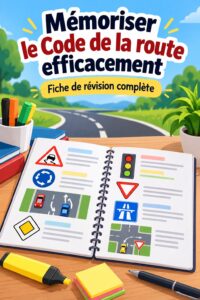 Femme révisant le Code de la route avec des notes et un manuel.