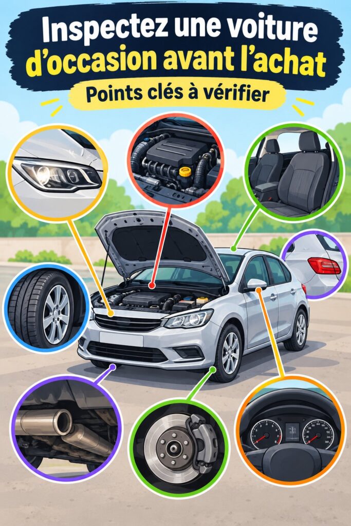 Inspection d'une voiture d'occasion avant l'achat, montrant les vérifications essentielles.